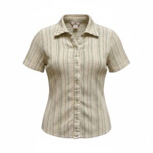 Woolrich Vtg Elastic Pin Tuck Shirt Women's Large Green Striped Short Sleeve